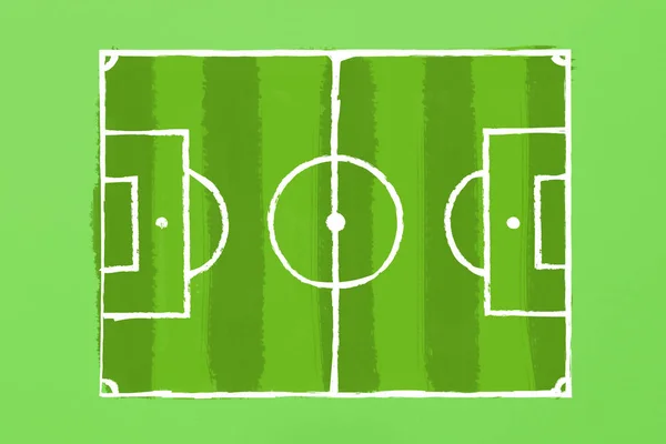 绿色纸板上的足球场图像 游戏的战术 足球比赛的概念 平面布局 顶部视图 — 图库照片