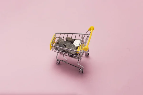 Einkaufswagen Aus Einem Supermarkt Voller Münzen Auf Rosa Hintergrund Flache — Stockfoto