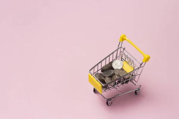 Einkaufswagen Aus Einem Supermarkt Voller Münzen Auf Rosa Hintergrund Flache — Stockfoto