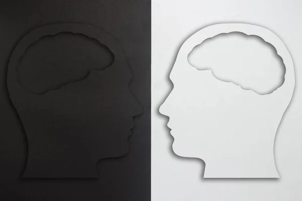 Two paper heads with a brain silhouette, black and white on a black and white background. The concept of a split personality, different opinions, dispute, war. Flat lay, top view