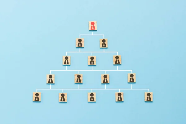 Pyramid of wooden plates with icons of people with ties on a blue background. Concept of the corporation, scheme of the company, pyramid, corporate growth, promotion, dismissal. Flat lay, top view