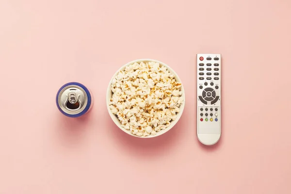 Bowl Popcorn Remote Jar Drink Pink Background Concept Watching Film — Stock Photo, Image