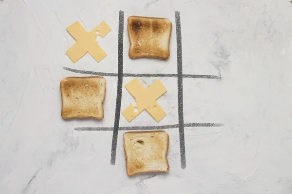 Noughts Crosses Choice Game Competition Crosses Cheese Square Toasted Toast — Foto de Stock