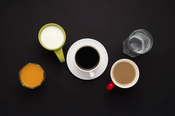 Taza Blanca Con Café Just Water Zumo Naranja Vaso Yogur — Foto de Stock