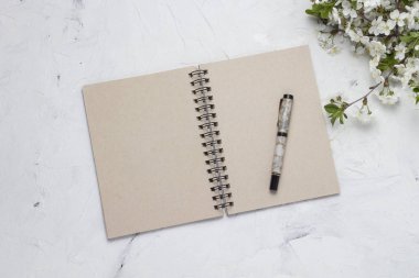 Not defteri, kalem, renkli taş zemin üzerine kiraz dal. Düz yatıyordu, en iyi görünümü.