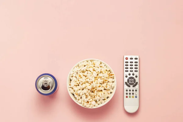 Bowl Popcorn Remote Jar Drink Pink Background Concept Watching Film — Stock Photo, Image