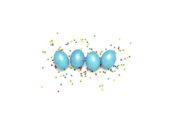 Пасхальные Голубые Яйца Разноцветный Порошок Белом Фоне — стоковое фото