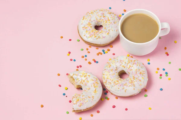 Cup Coffee Milk Fresh Tasty Sweet Donuts Pink Background Concept — Stock Photo, Image