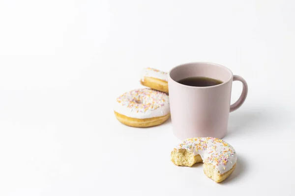 Pink Cup Coffee Tea Fresh Tasty Donuts Sweet Multicolored Decorative — Stock Photo, Image