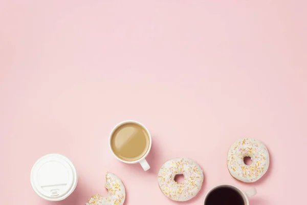 Cups Coffee Tea Fresh Tasty Sweet Donuts Pink Background Fast — Stock Photo, Image