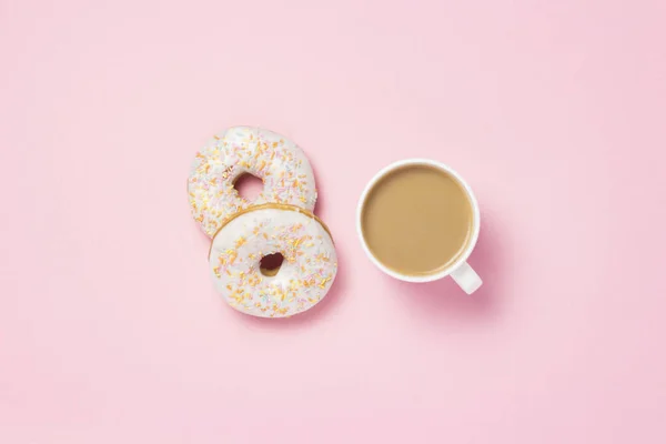 White Cup Coffee Tea Milk Fresh Tasty Sweet Donuts Pink — Stock Photo, Image