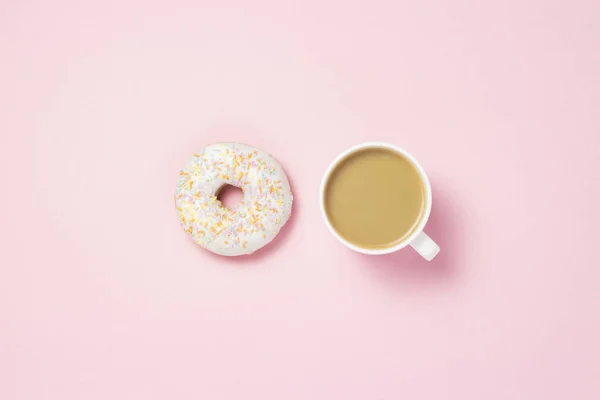 Cup Coffee Tea Fresh Tasty Sweet Donut Pink Background Bakery — Stock Photo, Image