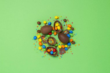 Kırık ve bütün çikolata Paskalya yumurtaları, çok renkli tatlılar, yeşil renkli. Çalı. Paskalya, Paskalya süsleri kutluyor kavramı. Düz yatıyordu, en iyi görünüm. Uzay kopyalayın. Mutlu Paskalya