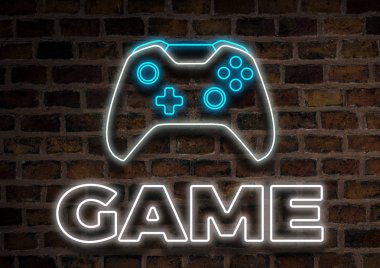 Oyun çubuğu veya Gamepad, Neon işareti bir tuğla duvar arka planda. Bilgisayar oyunları kavramı, turnuva