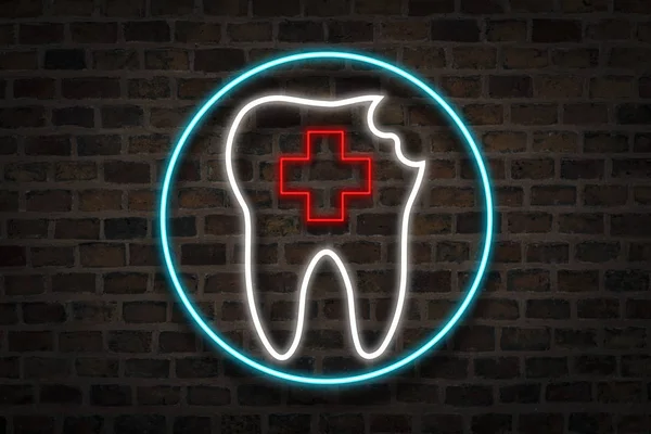 Damaged Tooth Neon Sign Background Fire Wall Concept Dental Clinic — Stock Photo, Image