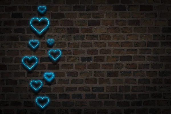 Blue hearts, Neon sign on the background of the wall of the fire. Valentine\'s day concept, love