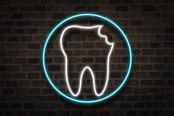 Damaged Tooth, Neon sign on the background of the fire wall. The concept of dental clinic, first aid