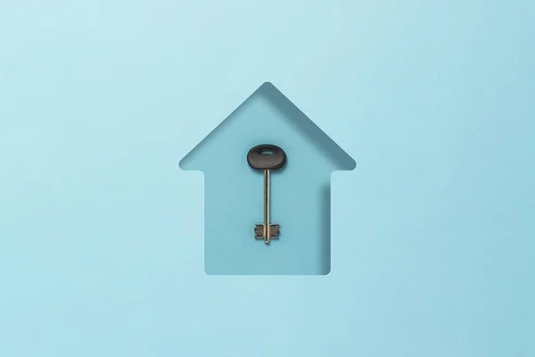 Blue Cardboard Cut Shape House Key Concept Buying Home Mortgage — Stock Photo, Image