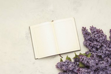 Açık günlüğü ve leylak beyaz taş zemin üzerine bir dal. Düz yatıyordu, en iyi görünümü