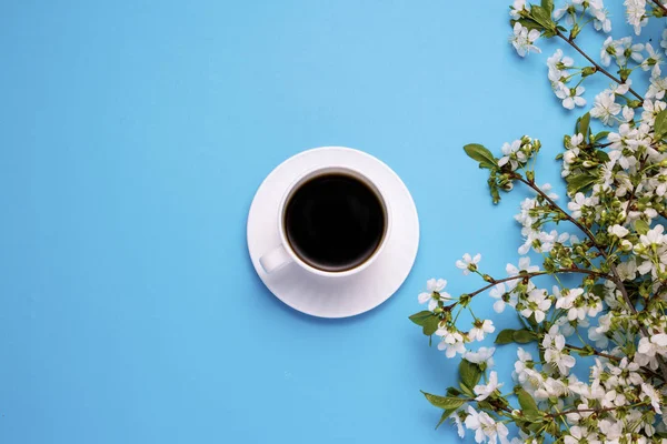 cup with black coffee, branches of a spring tree with white flowers on a blue background. Flat lay, top view