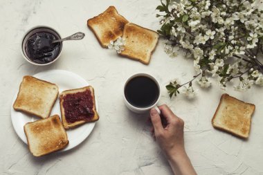 Bir fincan kahve, reçel, tost, Bahar dalları tutan el