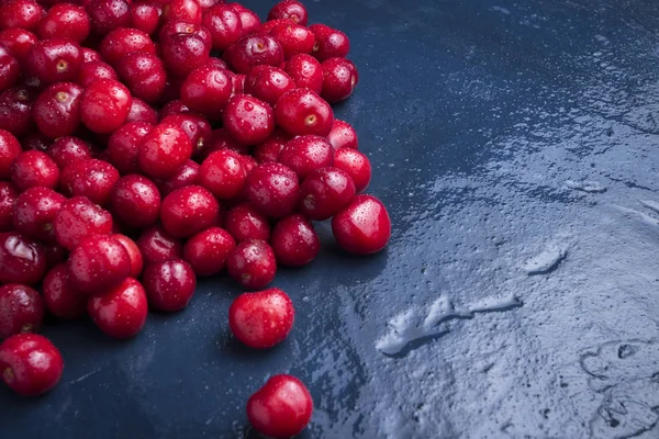 Cerejas recém-colhidas com gotas de orvalho e água em um bl escuro — Fotografia de Stock