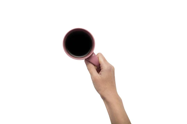 Рука держит чашку с горячим кофе на белом изолированном фоне. Концепция завтрака с кофе или чаем. Доброе утро, ночь, бессонница. Плоский, вид сверху — стоковое фото