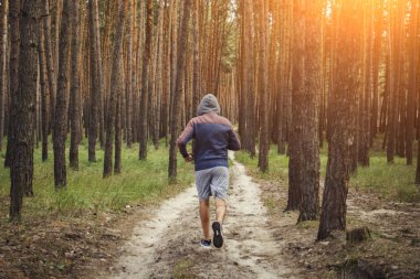 Kapüşonlu adam çam ormanında antrenman yapıyor. Açık havada sabah koşusu kavramı.