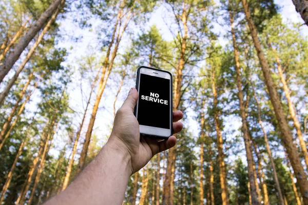 Male hand is holding a phone with sign no service  above his head against the background of trees in a pine forest. Concept of no service, wifi, internet in the forest or a place far from the city