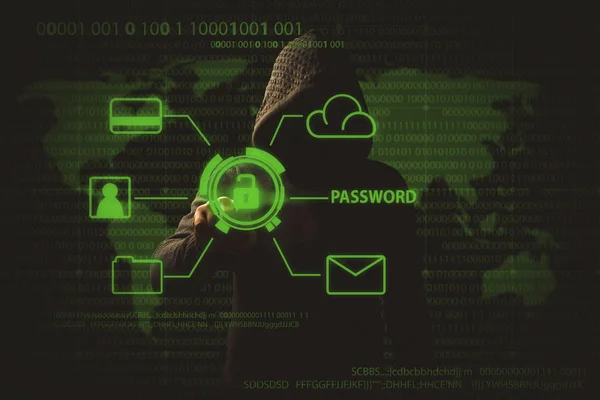 Homem sem rosto em um capô toca em um holograma com uma fechadura aberta e acesso a dados pessoais, cartão de crédito, e-mail, etc. O conceito de hacking e roubo de dados — Fotografia de Stock