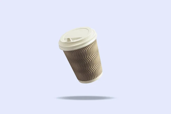 Flying Paper Cup avec une casquette pour café ou thé sur fond bleu. Lévitation. Concept café et café, plats à emporter, petit déjeuner avec vous . — Photo