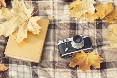 Retro kamera ve kitap sarı ile kahverengi damalı ekose yatıyordu
