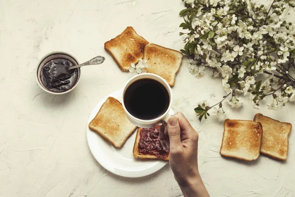 Female hand holding a cup of coffee, jam, toast, Spring Branches — Stock Photo, Image