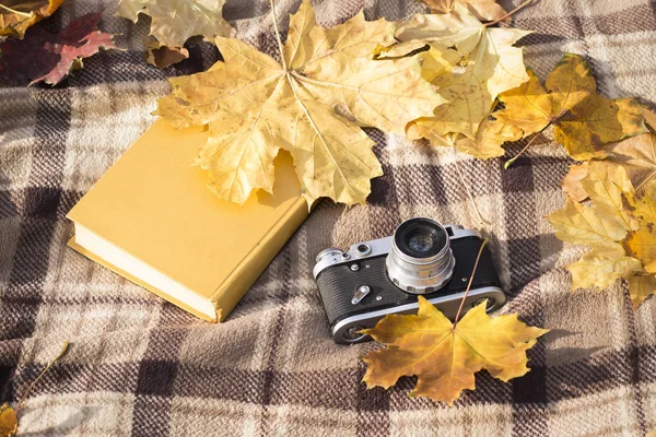 Retro-Kamera und Buch lagen auf einem braun karierten Karo mit gelbem — Stockfoto