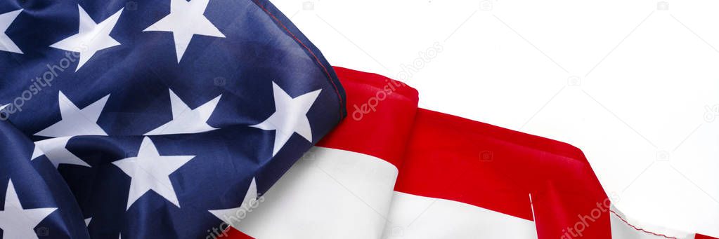 USA flag on a white background. United States. Concept Memorial Day, Independence Day, July 4th. Banner. Flat lay, top view