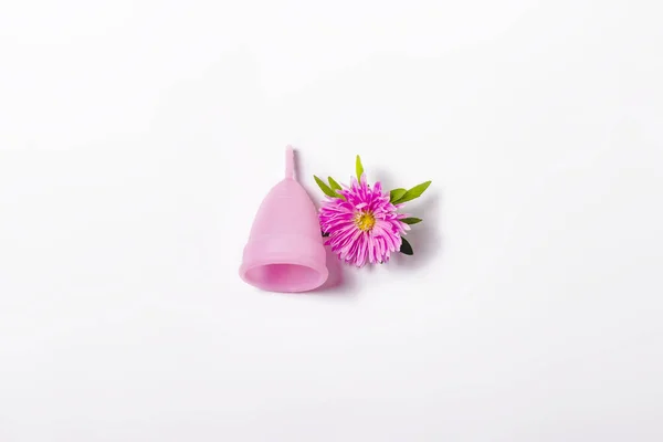 Roze menstruele beker en bloem op een witte achtergrond. Concept van de menstruatie, de keuze tussen vrouwelijke hygiëne producten. Platte lay, Top — Stockfoto