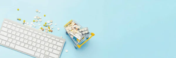 Keyboard Cart Pills Blue Background Concept Buying Drugs Online Ordering — Stock Photo, Image
