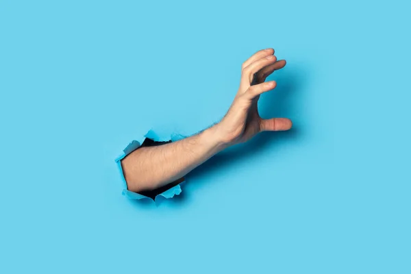 Male hand grabs something on a blue background. Banner.