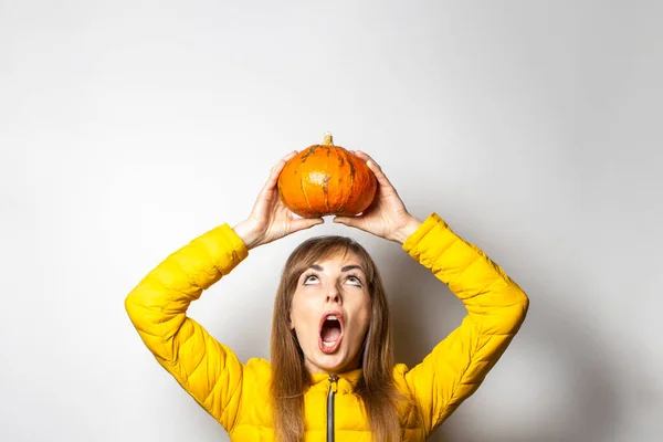 Young Girl Holding Pumpkin His Head Looking Her Frightened Face — Stock Photo, Image