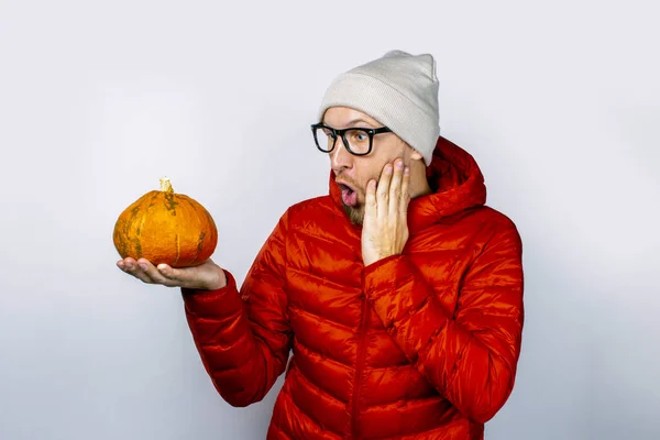 Young Man Red Jacket Hat Holds Pumpkin Looks Her Scared — Stock Photo, Image