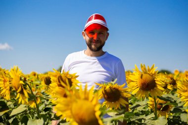 Ayçiçeği tarlasında, açık bir günde, kızıl bir güneş gölgesinde genç bir adam..