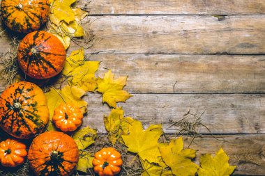 Olgun balkabakları, sonbahar yaprakları ve ahşap bir arka planda saman. Hasat konsepti, sonbahar, Cadılar Bayramı arifesi. Pankart. Düz yatış, üst görünüm.