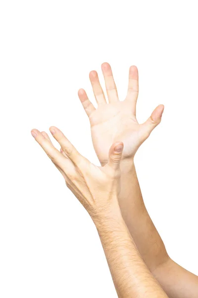 手のひらを上げている 人の手は 光の背景に見えない物体を捉えます 手のしぐさ — ストック写真