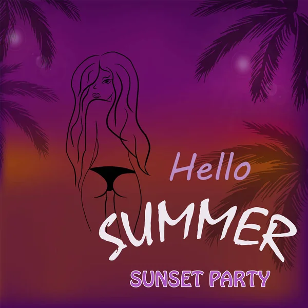 Векторные Фото Пляжная Вечеринка Текстом Hello Summer Sunset Palm Trees — стоковый вектор