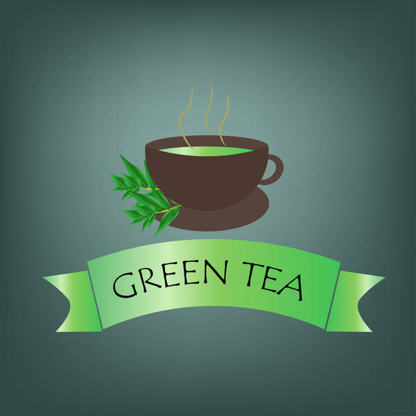 векторный логотип баннер для рекламы названия фирмы ароматный зеленый чай с чашкой и листьями и с текстом

