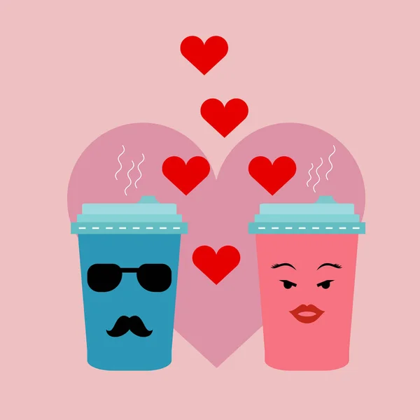 vector cartoon cups in love with emotions of blue and pink with a cappuccino drink coffee with mustaches and lips with glasses and hearts for Valentine\'s Day holiday