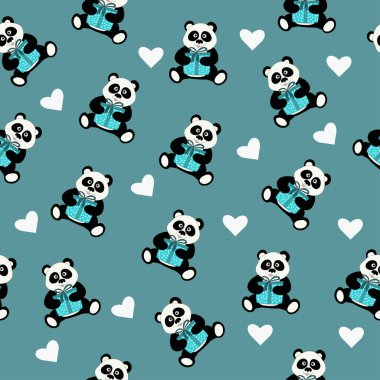 vektör bir hayvan bir Sevgililer günü tatil için kalpleri bir turkuaz yeşil zemin üzerine hediye sürpriz ayı panda pençeleri ile seamless modeli