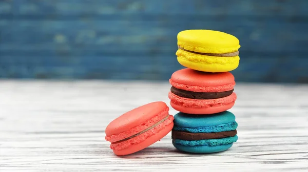 Beautiful Delicious Pastry Biscuits Macaroni Macaron Multicolored Wooden Background Form — Stock Photo, Image