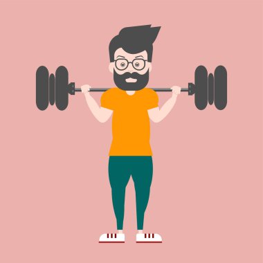 yakışıklı adam güçlü bir T-shirt bir atlet bardaklarda kasları ile halter kaldırıyor