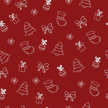 Noel ağacı hediye top ve yay Tekstil için kırmızı bir arka plan ve kumaşlar, tatil yeni yıl ve Aralık ayında kışın Noel için beyaz unsurları ile güzel seamless modeli